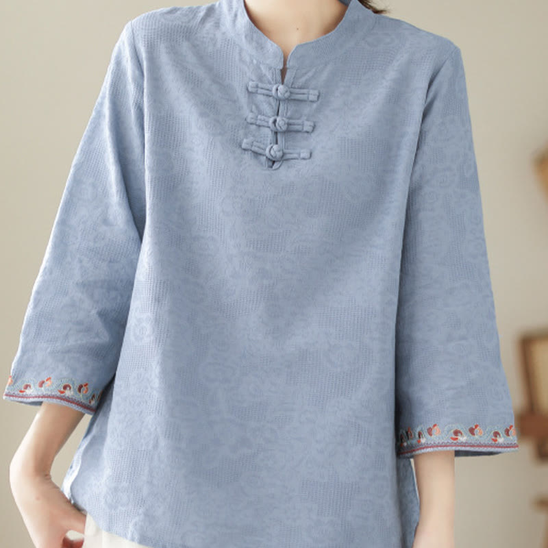 Nimara Ritual Casual Jacquard Frog-Button Women's Crew Neck Design Three Quarter Sleeve Cotton Linen Shirt