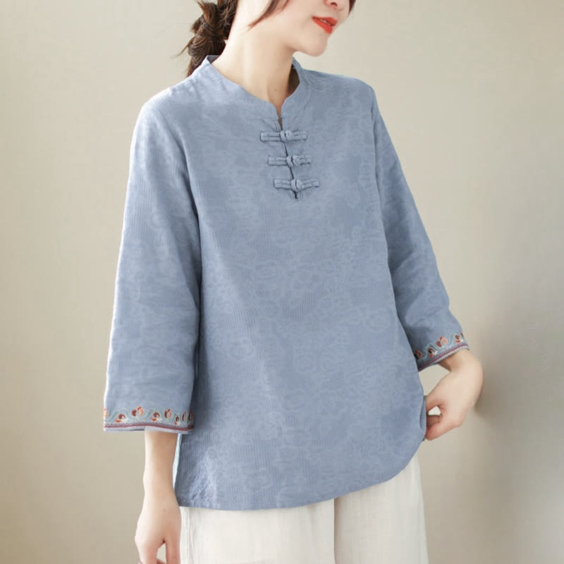 Nimara Ritual Casual Jacquard Frog-Button Women's Crew Neck Design Three Quarter Sleeve Cotton Linen Shirt