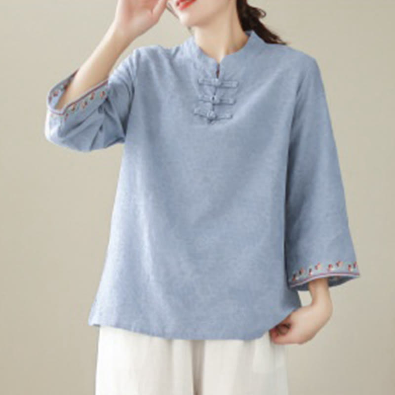 Nimara Ritual Casual Jacquard Frog-Button Women's Crew Neck Design Three Quarter Sleeve Cotton Linen Shirt
