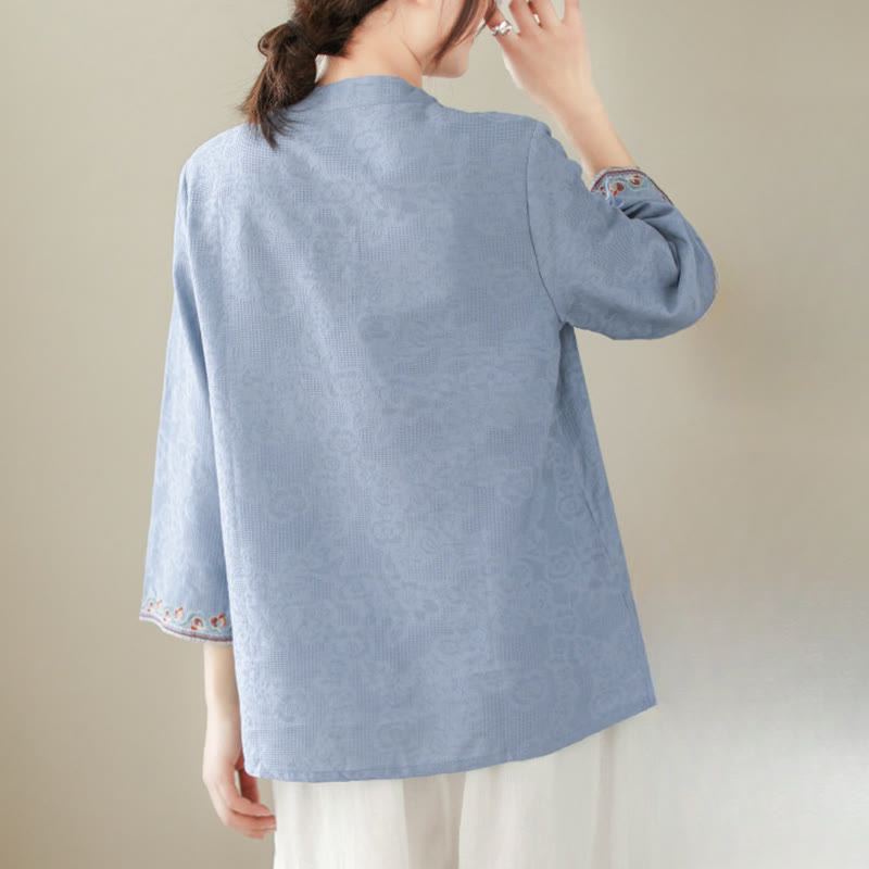 Nimara Ritual Casual Jacquard Frog-Button Women's Crew Neck Design Three Quarter Sleeve Cotton Linen Shirt