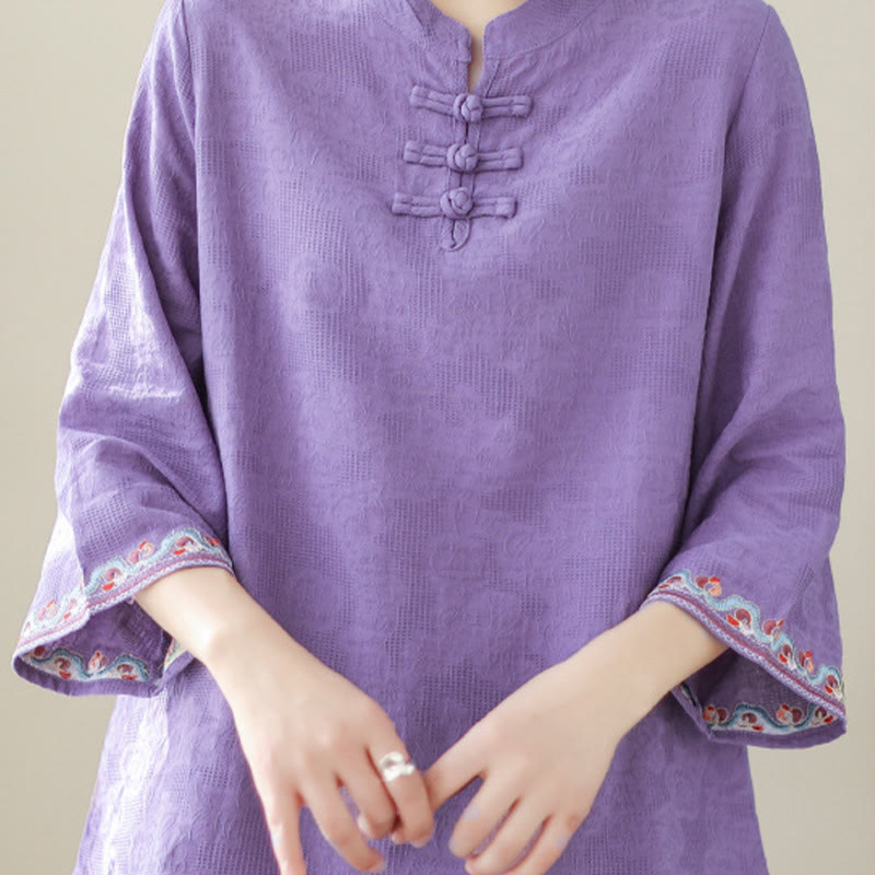 Nimara Ritual Casual Jacquard Frog-Button Women's Crew Neck Design Three Quarter Sleeve Cotton Linen Shirt
