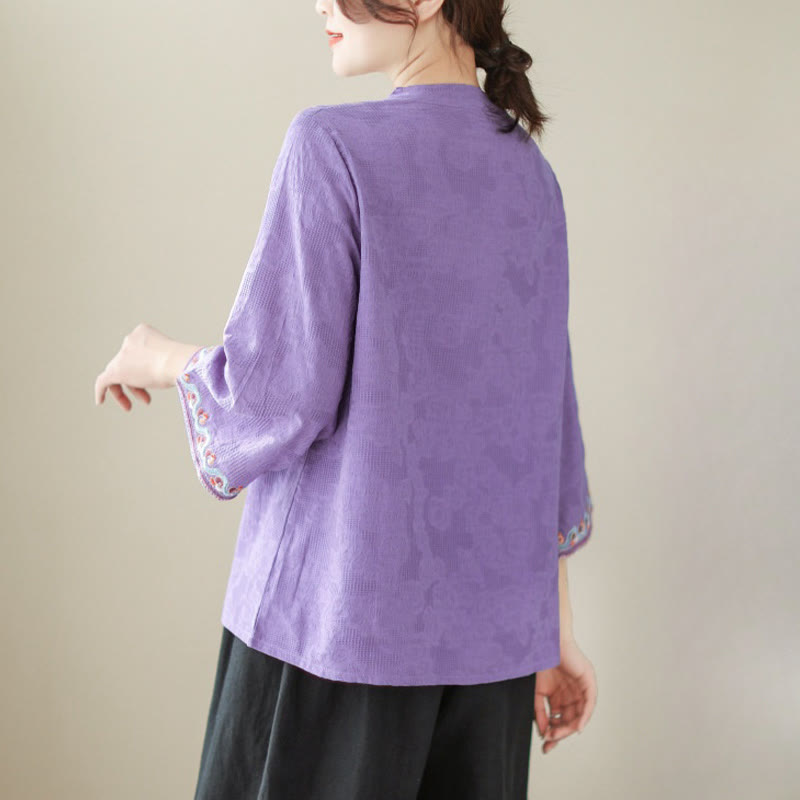 Nimara Ritual Casual Jacquard Frog-Button Women's Crew Neck Design Three Quarter Sleeve Cotton Linen Shirt
