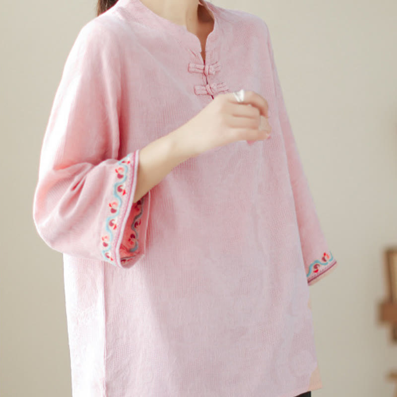 Nimara Ritual Casual Jacquard Frog-Button Women's Crew Neck Design Three Quarter Sleeve Cotton Linen Shirt