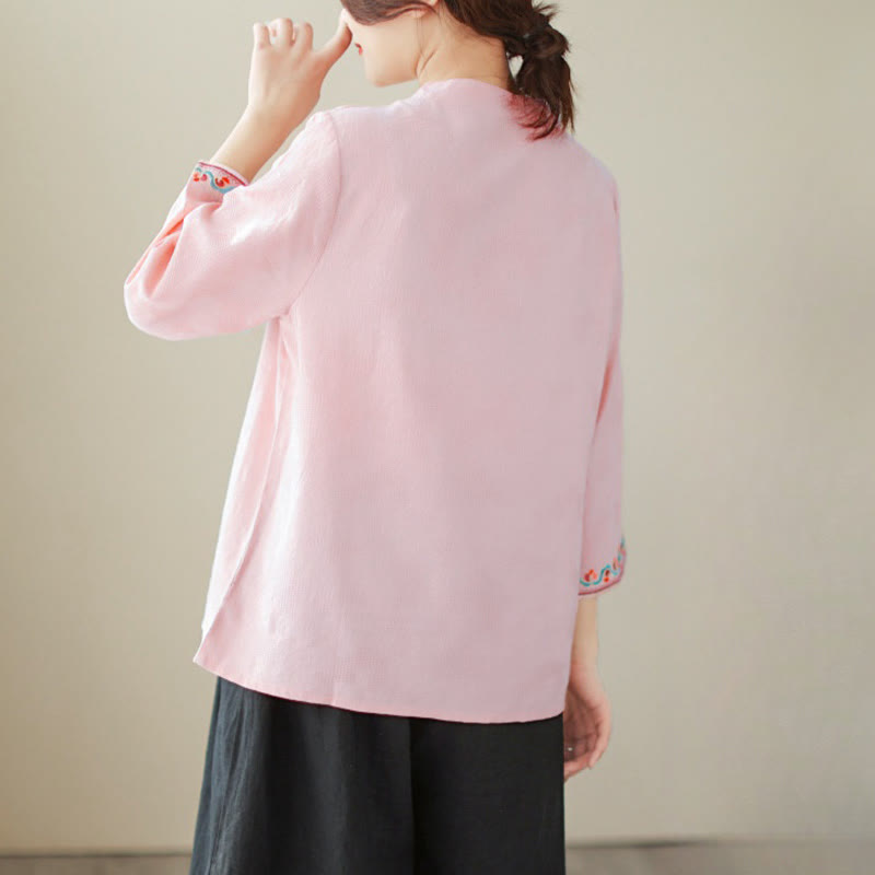 Nimara Ritual Casual Jacquard Frog-Button Women's Crew Neck Design Three Quarter Sleeve Cotton Linen Shirt