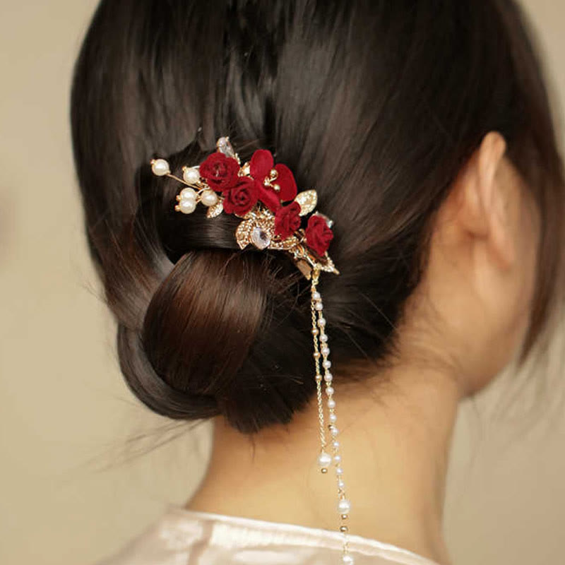 Nimara Ritual Retro Chinese Style Red Camellia Flower Tassel Side Hair Clip