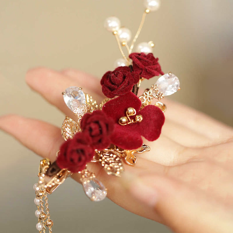 Nimara Ritual Retro Chinese Style Red Camellia Flower Tassel Side Hair Clip