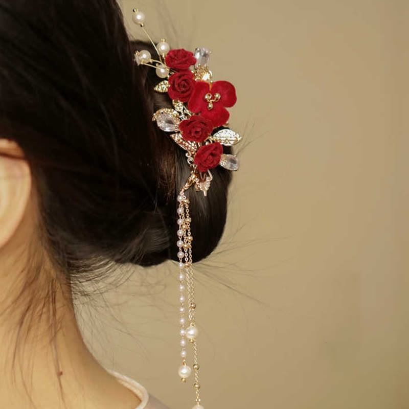 Nimara Ritual Retro Chinese Style Red Camellia Flower Tassel Side Hair Clip