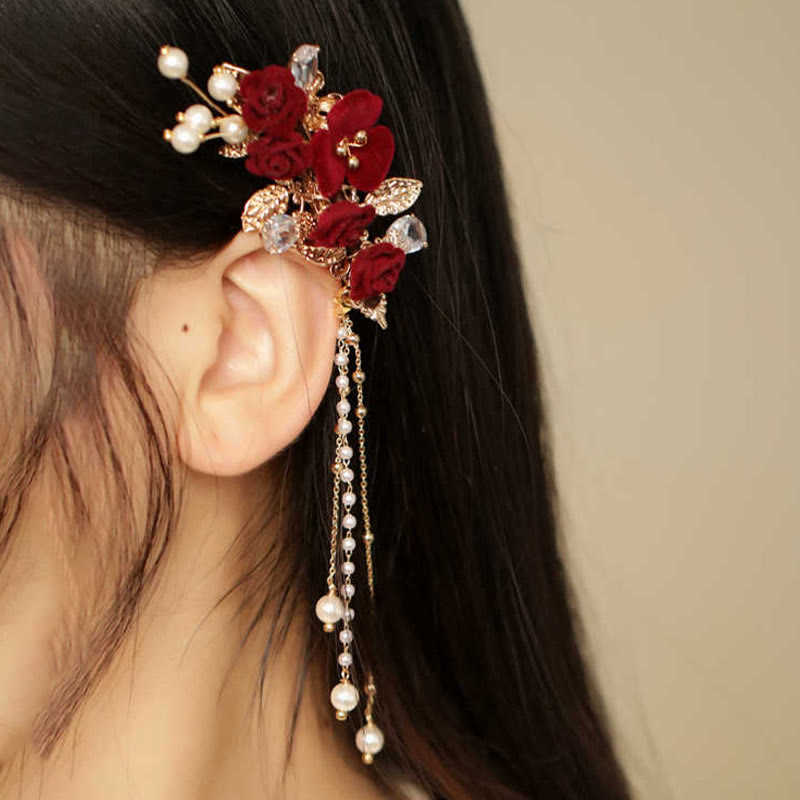 Nimara Ritual Retro Chinese Style Red Camellia Flower Tassel Side Hair Clip