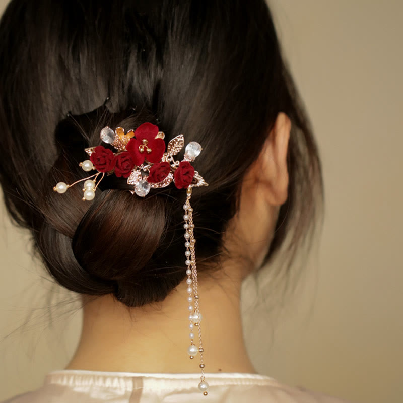 Nimara Ritual Retro Chinese Style Red Camellia Flower Tassel Side Hair Clip