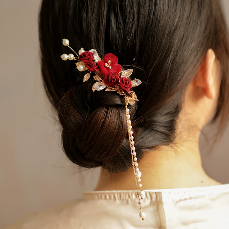 Nimara Ritual Retro Chinese Style Red Camellia Flower Tassel Side Hair Clip