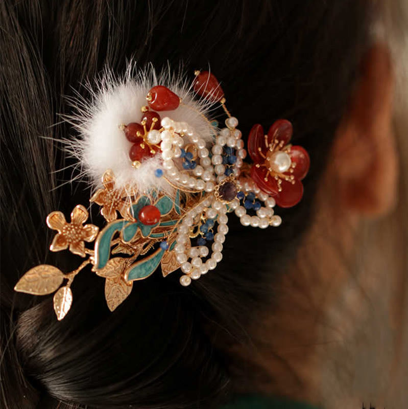 Nimara Ritual Classical Chinese Style Red Flower Butterfly Pearl Hair Clip