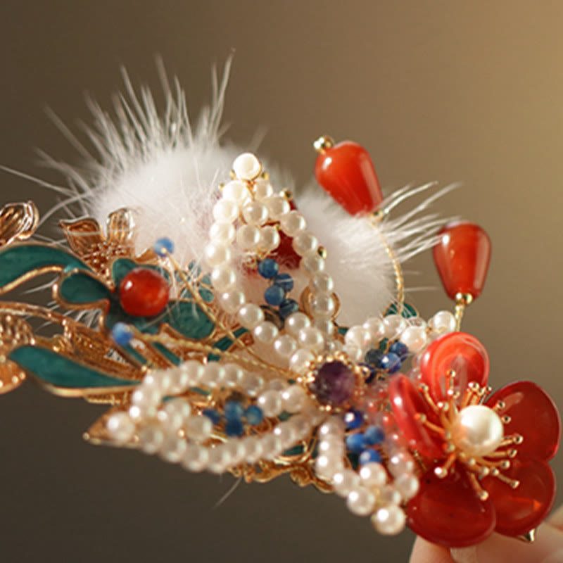 Nimara Ritual Classical Chinese Style Red Flower Butterfly Pearl Hair Clip