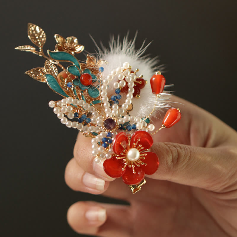 Nimara Ritual Classical Chinese Style Red Flower Butterfly Pearl Hair Clip