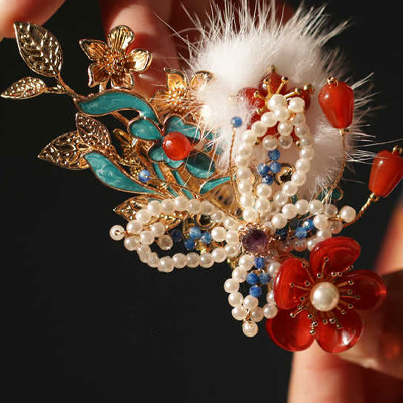 Nimara Ritual Classical Chinese Style Red Flower Butterfly Pearl Hair Clip