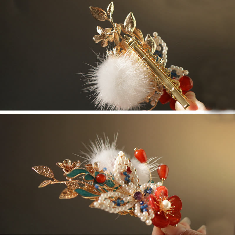 Nimara Ritual Classical Chinese Style Red Flower Butterfly Pearl Hair Clip