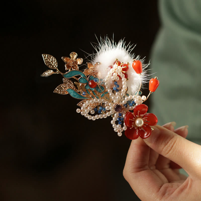 Nimara Ritual Classical Chinese Style Red Flower Butterfly Pearl Hair Clip