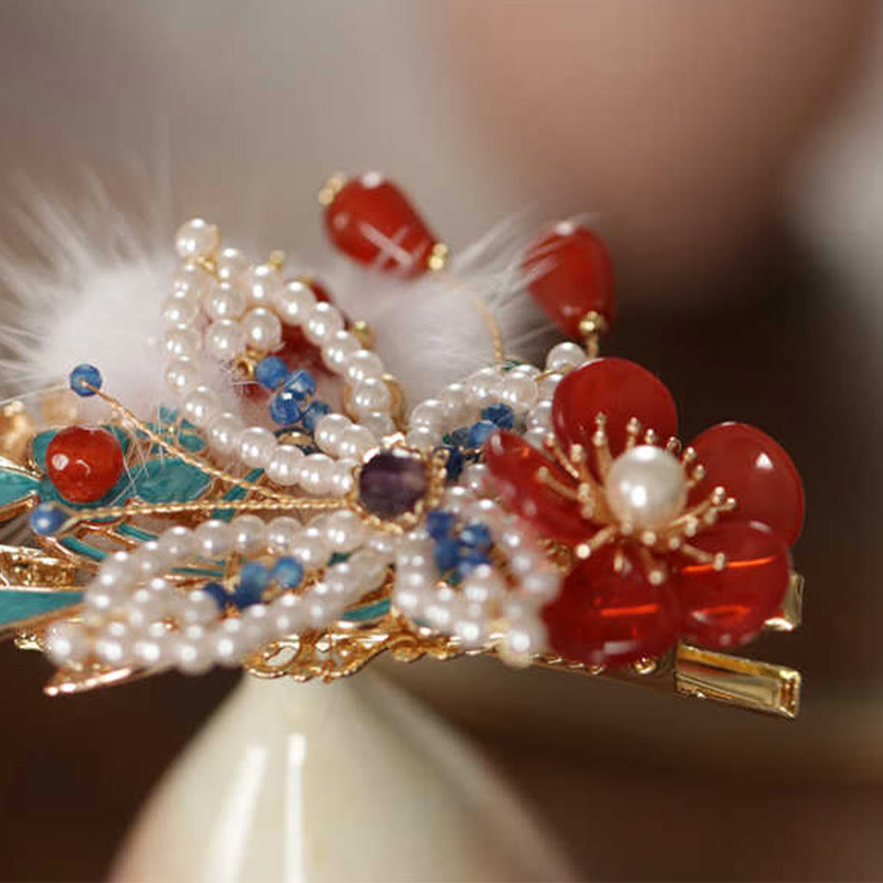 Nimara Ritual Classical Chinese Style Red Flower Butterfly Pearl Hair Clip