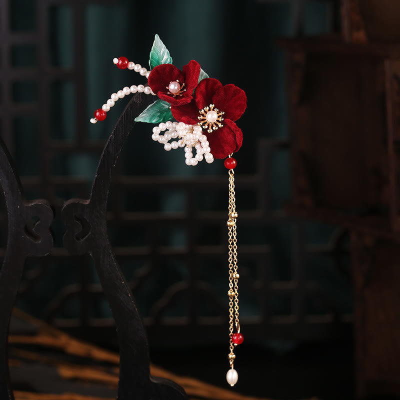 Nimara Ritual Antiquity Red Flowers Pearl Tassel Hair Clip Set