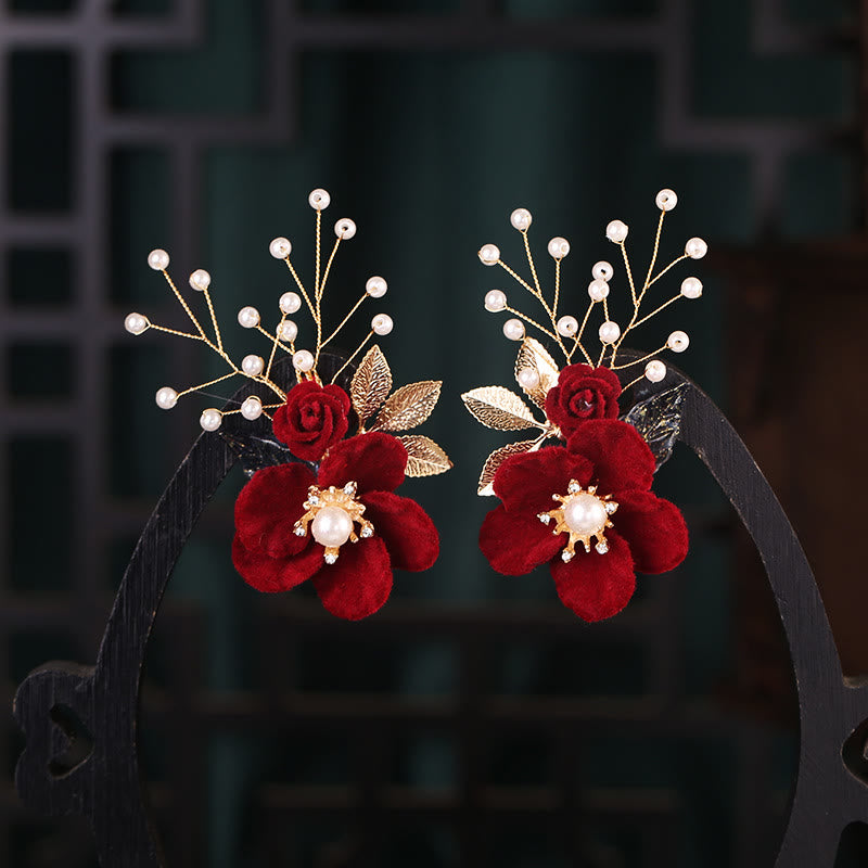 Nimara Ritual Antiquity Red Flowers Pearl Tassel Hair Clip Set