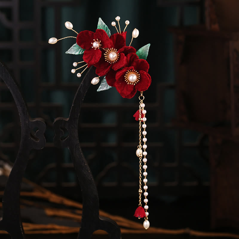 Nimara Ritual Antiquity Red Flowers Pearl Tassel Hair Clip Set