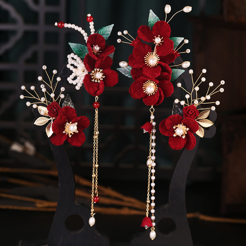 Nimara Ritual Antiquity Red Flowers Pearl Tassel Hair Clip Set