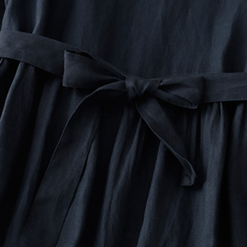 Nimara Ritual Casual Plain Crew Neck Lace-up Half Sleeve Midi Dress With Pockets