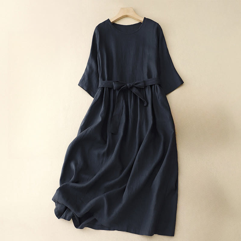 Nimara Ritual Casual Plain Crew Neck Lace-up Half Sleeve Midi Dress With Pockets