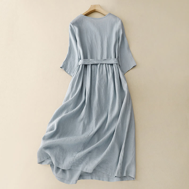 Nimara Ritual Casual Plain Crew Neck Lace-up Half Sleeve Midi Dress With Pockets