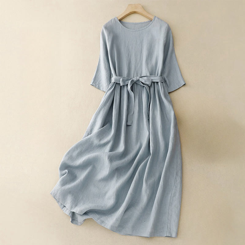 Nimara Ritual Casual Plain Crew Neck Lace-up Half Sleeve Midi Dress With Pockets