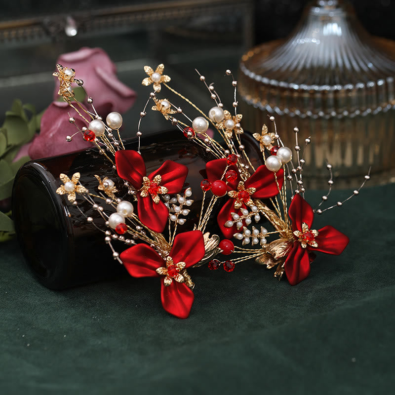 Nimara Ritual Chinese Wedding Bridal Red Flower Branche Pearl Hair Clip Set