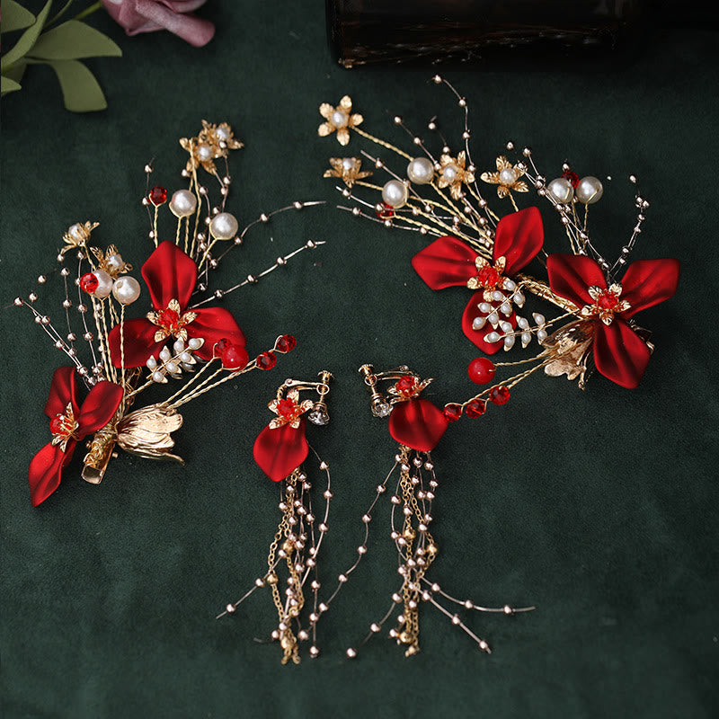 Nimara Ritual Chinese Wedding Bridal Red Flower Branche Pearl Hair Clip Set