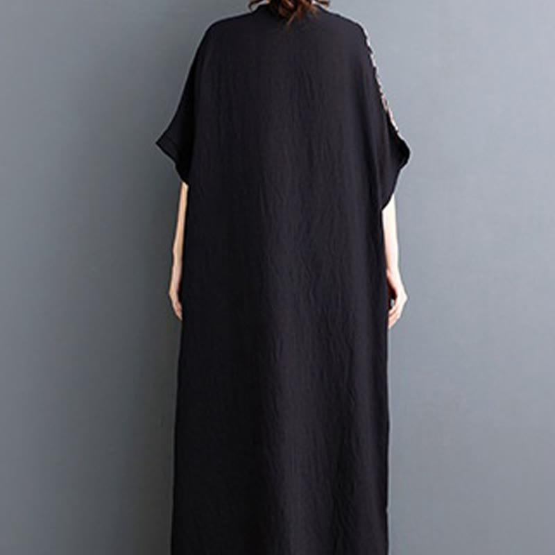 Nimara Ritual Casual Loose Printing Dyeing Cotton Linen V-neck Half Sleeve Design Midi Dress With Pockets
