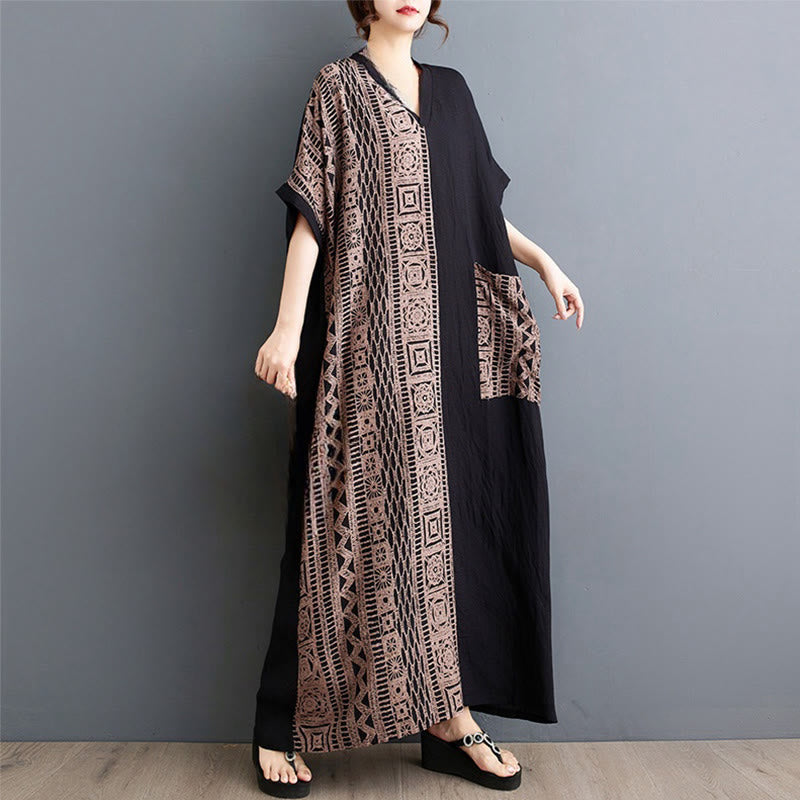 Nimara Ritual Casual Loose Printing Dyeing Cotton Linen V-neck Half Sleeve Design Midi Dress With Pockets