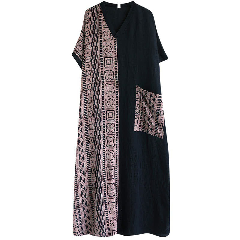 Nimara Ritual Casual Loose Printing Dyeing Cotton Linen V-neck Half Sleeve Design Midi Dress With Pockets