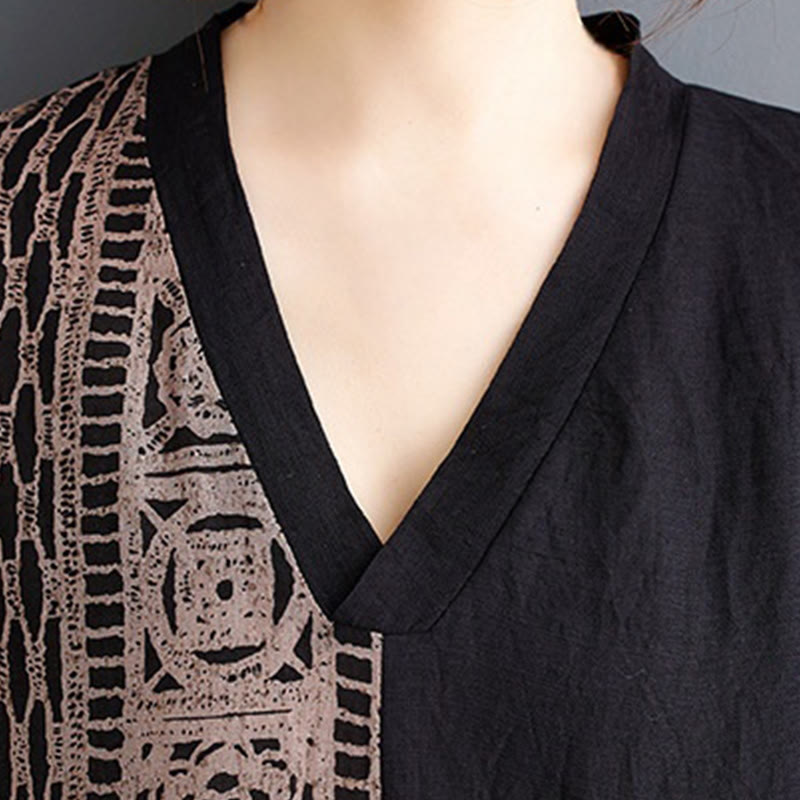 Nimara Ritual Casual Loose Printing Dyeing Cotton Linen V-neck Half Sleeve Design Midi Dress With Pockets
