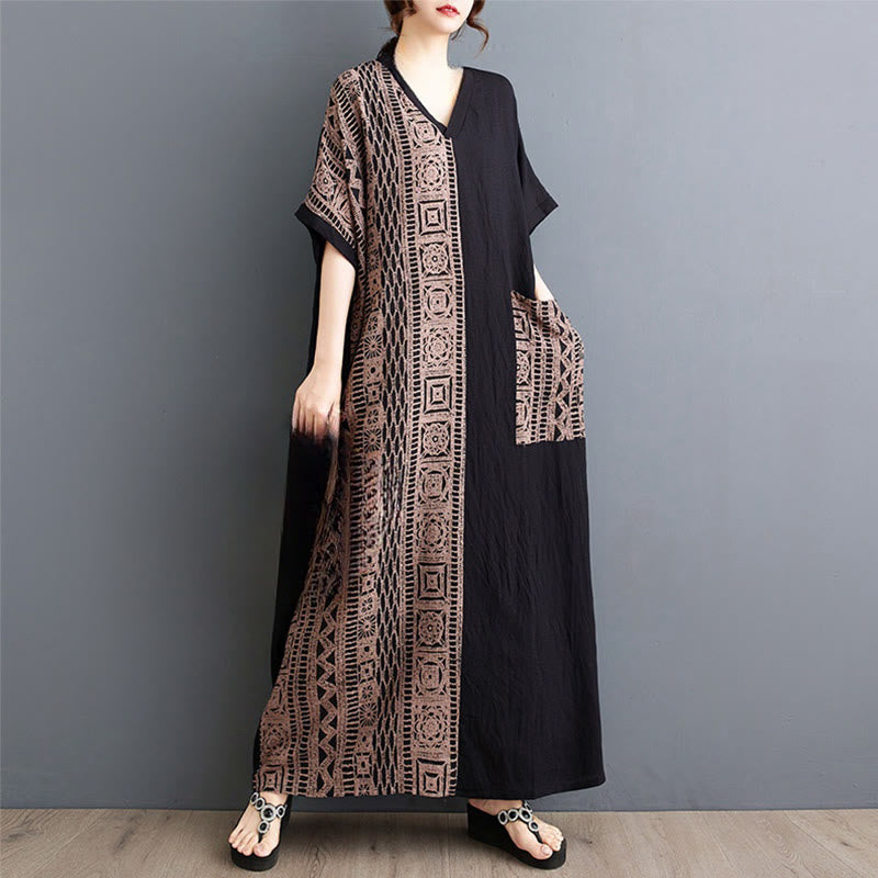 Nimara Ritual Casual Loose Printing Dyeing Cotton Linen V-neck Half Sleeve Design Midi Dress With Pockets