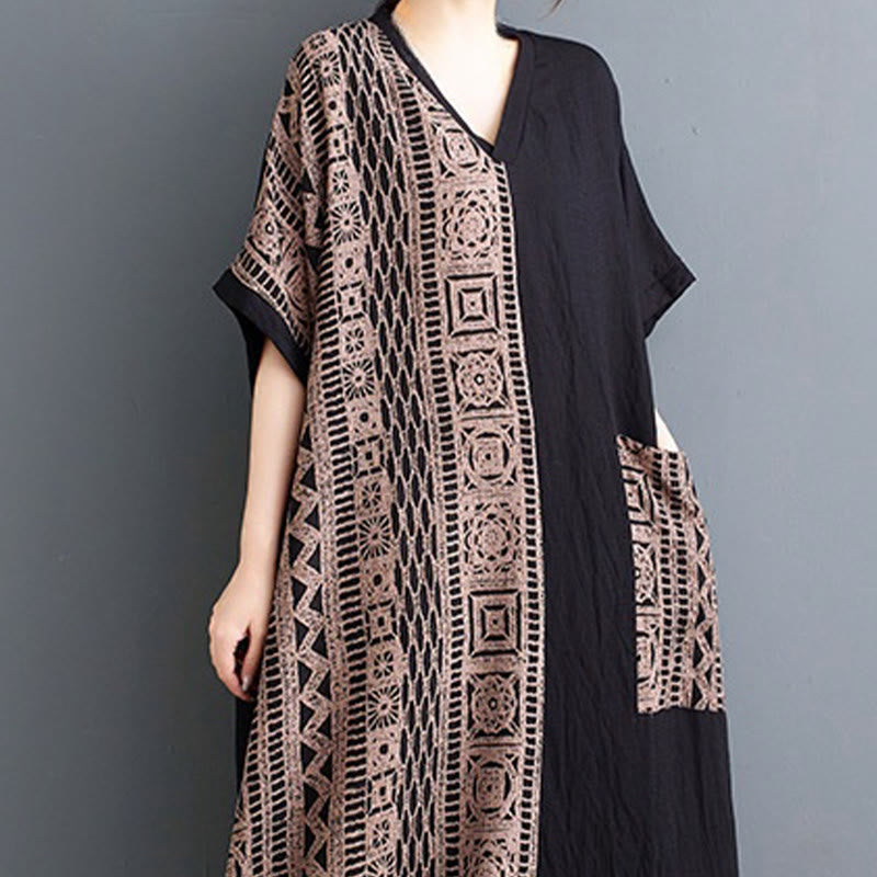 Nimara Ritual Casual Loose Printing Dyeing Cotton Linen V-neck Half Sleeve Design Midi Dress With Pockets