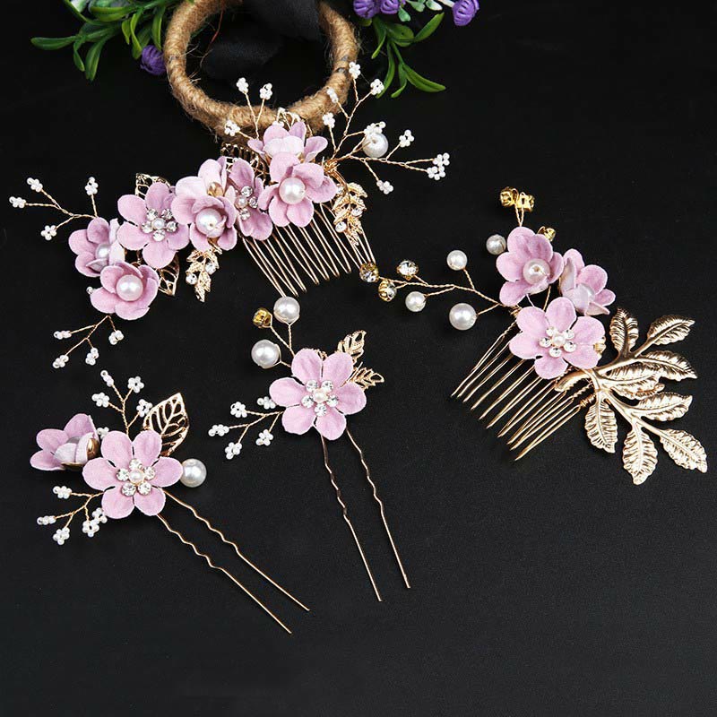 Nimara Ritual 4Pcs Handmade Wedding Golden Leaf Flower Pearl Hairpin Hair Comb Set