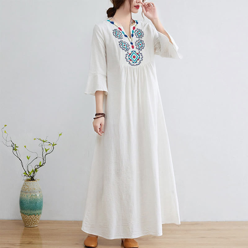 Nimara Ritual Casual Embroidered Flower Pattern V-neck Three Quarter Sleeve Design Cotton Linen Midi Dress