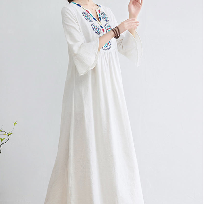 Nimara Ritual Casual Embroidered Flower Pattern V-neck Three Quarter Sleeve Design Cotton Linen Midi Dress
