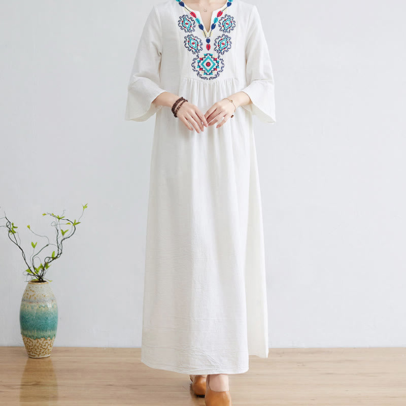 Nimara Ritual Casual Embroidered Flower Pattern V-neck Three Quarter Sleeve Design Cotton Linen Midi Dress