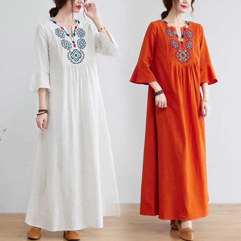 Nimara Ritual Casual Embroidered Flower Pattern V-neck Three Quarter Sleeve Design Cotton Linen Midi Dress