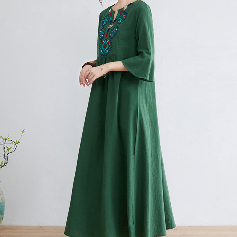 Nimara Ritual Casual Embroidered Flower Pattern V-neck Three Quarter Sleeve Design Cotton Linen Midi Dress