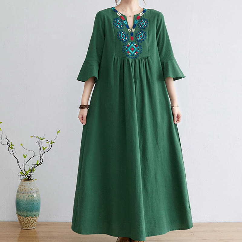 Nimara Ritual Casual Embroidered Flower Pattern V-neck Three Quarter Sleeve Design Cotton Linen Midi Dress