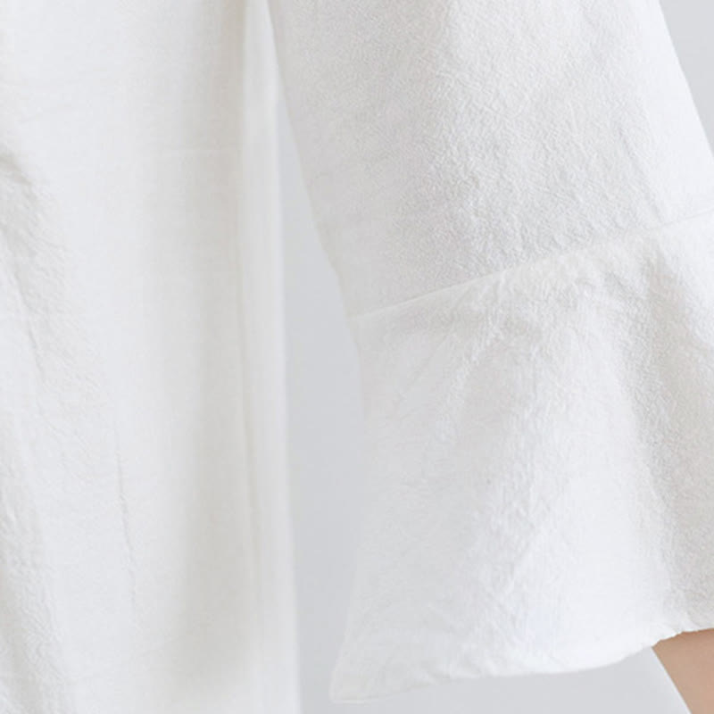 Nimara Ritual Casual Embroidered Flower Pattern V-neck Three Quarter Sleeve Design Cotton Linen Midi Dress