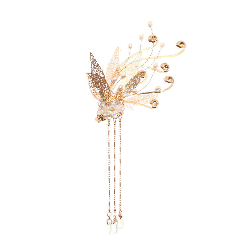 Nimara Ritual Traditional Chinese Golden Leaf Flower Tassel Hair Clip