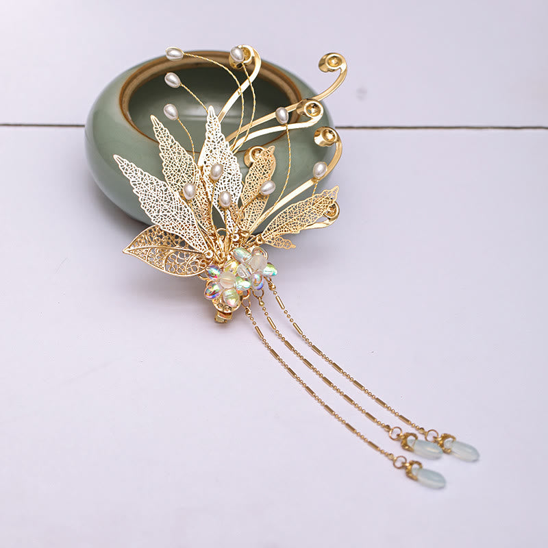 Nimara Ritual Traditional Chinese Golden Leaf Flower Tassel Hair Clip