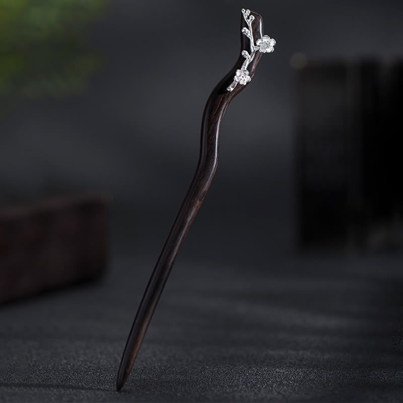 Nimara Ritual 925 Sterling Silver Classical Chinese Style Ebony Plum Blossom Blessing Hairpin