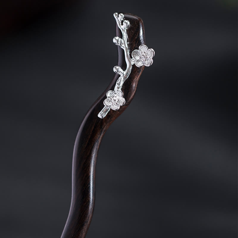 Nimara Ritual 925 Sterling Silver Classical Chinese Style Ebony Plum Blossom Blessing Hairpin