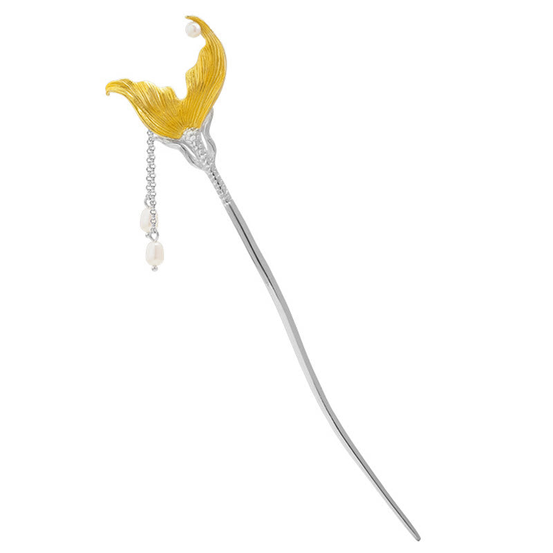 Nimara Ritual 925 Sterling Silver Classical Chinese Style Fish Tail Pearl Tassel Calm Hairpin